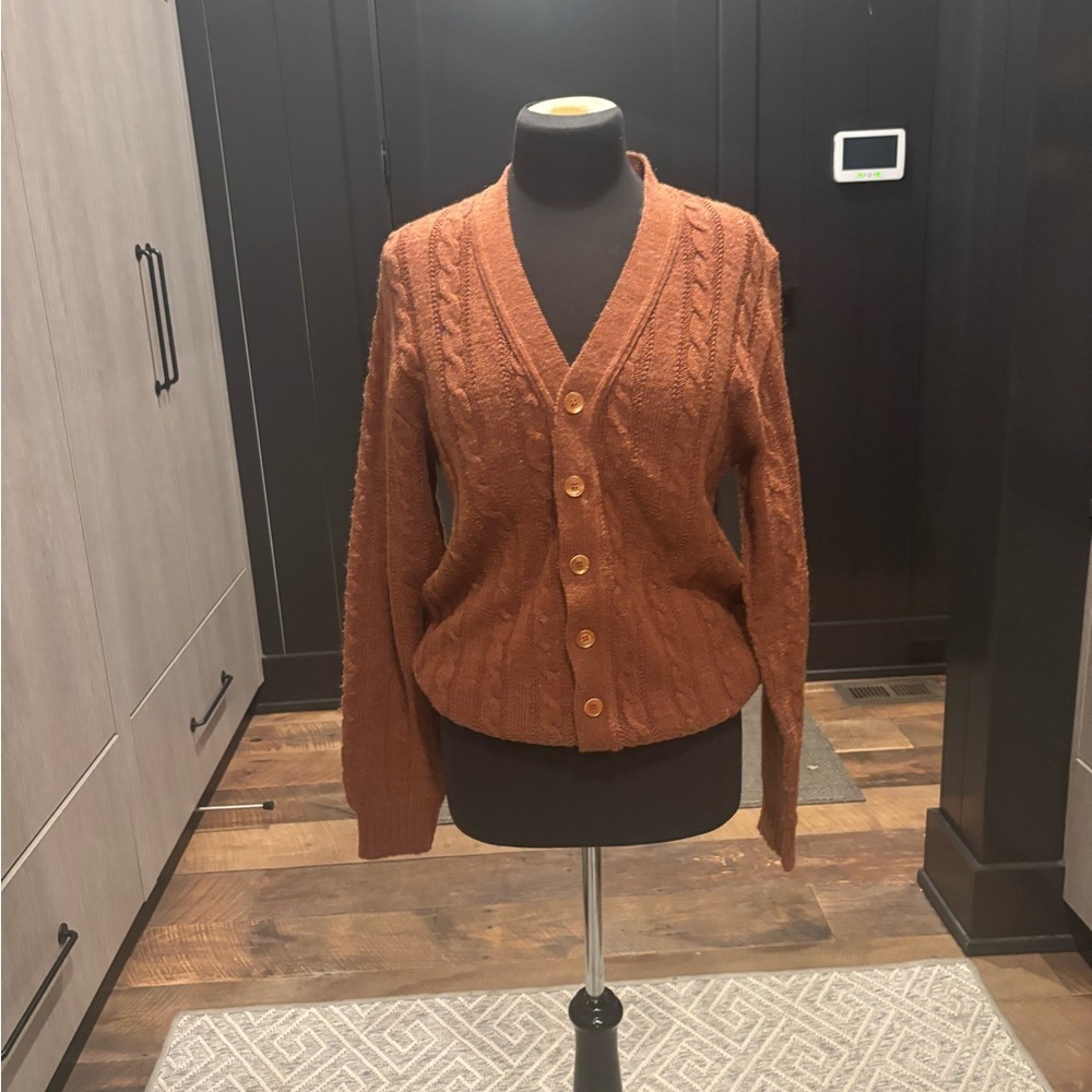 Vintage Janzen Cable Knit Cardigan | Usa Made Brown Fitted Sweater | M